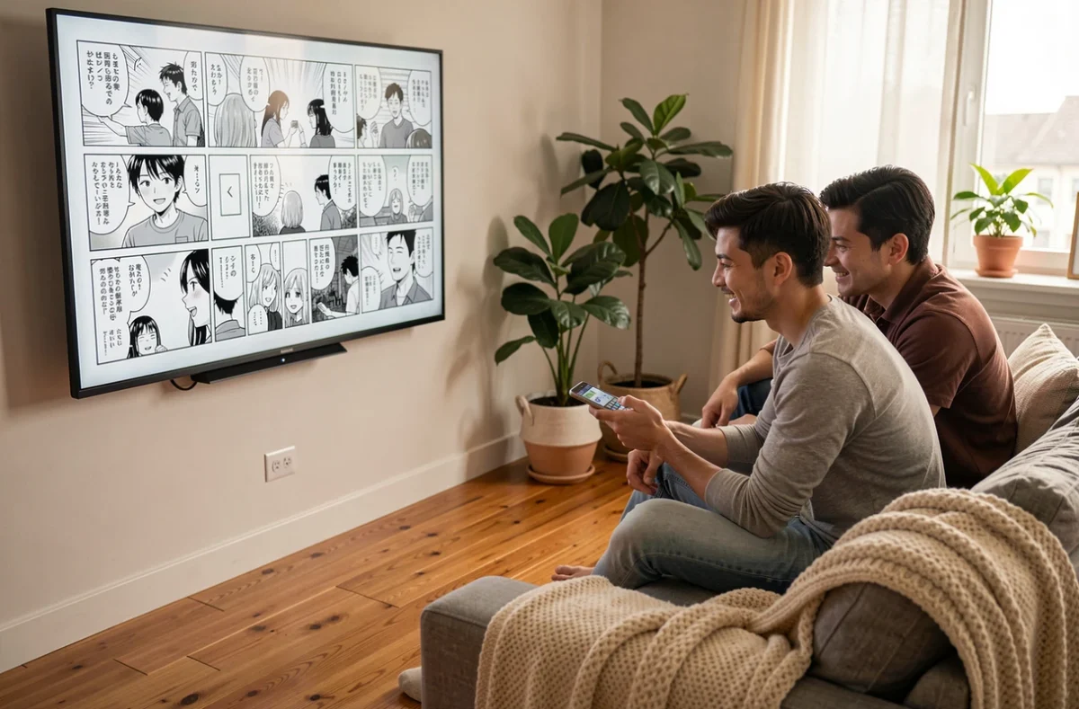 Couple regardant des scans manga sur une grande télévision intelligente dans leur salon confortable