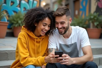 Jeune couple hispanique partageant des messages d'amour en espagnol sur un smartphone dans un cadre urbain coloré