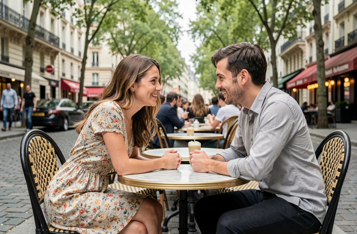 Couple se rencontrant pour la première fois à une terrasse parisienne après s'être contactés sur un site de rencontre gratuit
