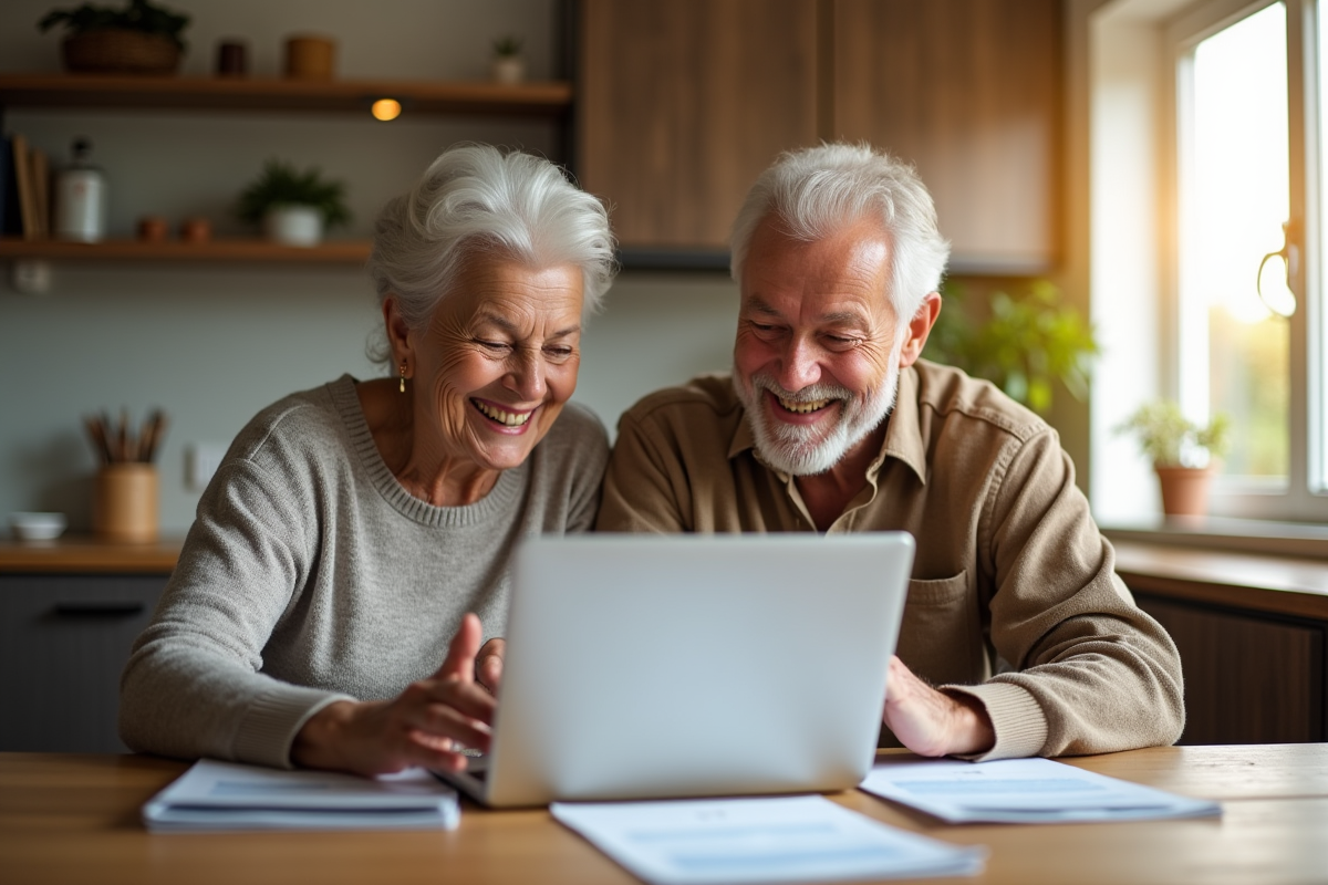 Couple retraité souriant à la maison avec documents financiers