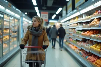 Femme faisant ses courses dans un supermarché ouvert le 1er janvier, rayon épicerie avec promotions de début d'année