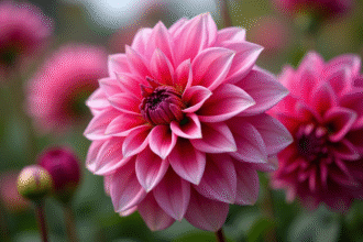 Dahlias roses en pleine floraison en extérieur