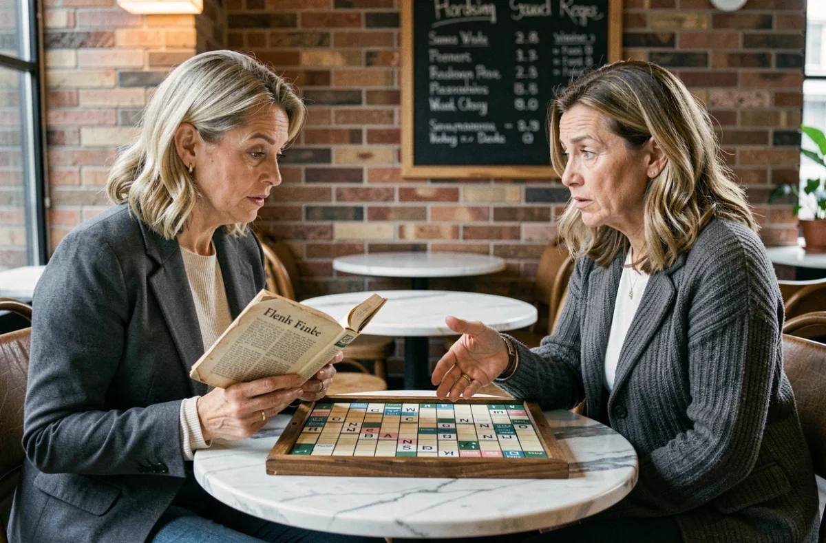 Deux femmes en désaccord autour d'un plateau de Scrabble dans un café, l'une consultant un dictionnaire français pour vérifier la validité du mot MOTE