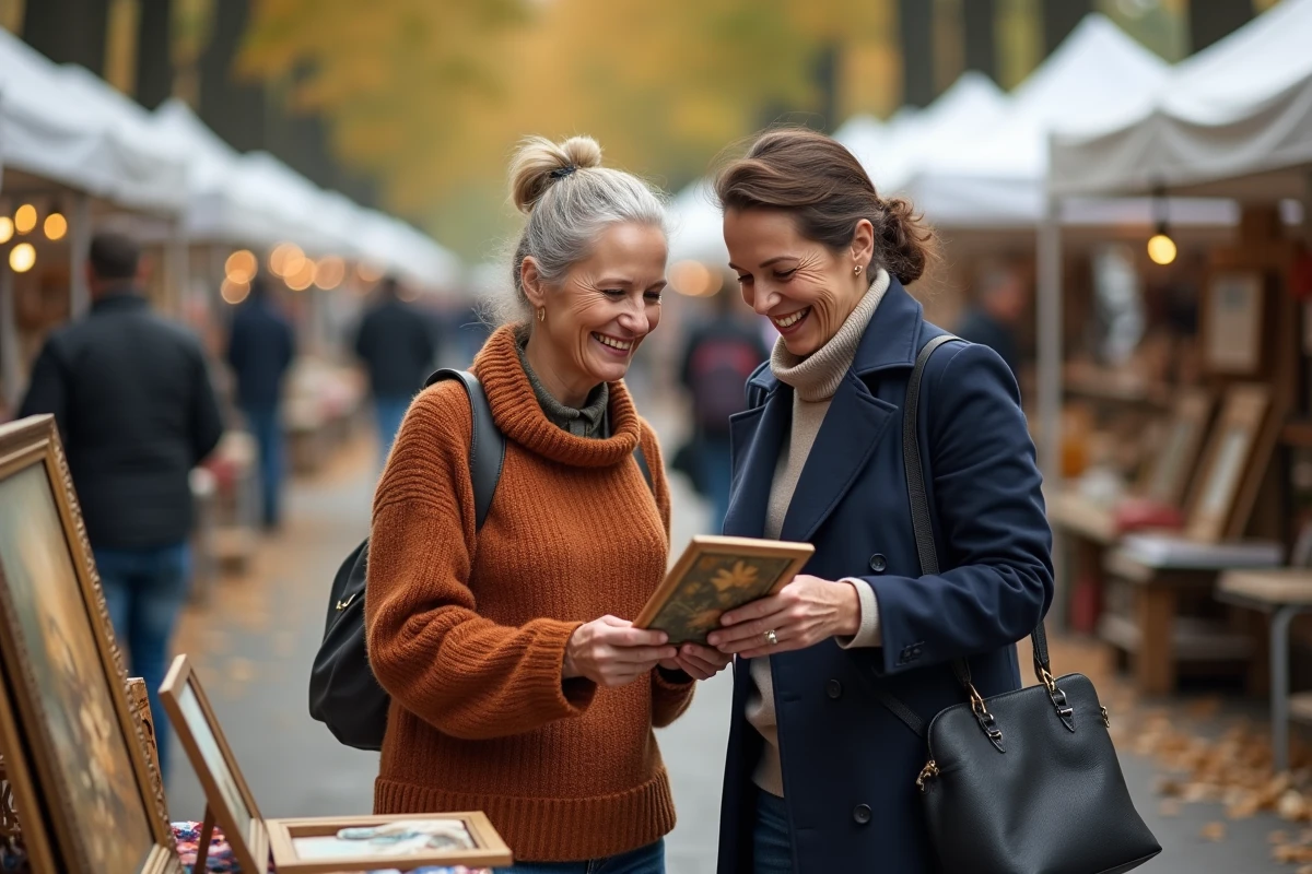 Deux femmes riant en examinant un tableau ancien lors d'une braderie en plein air à l'automne