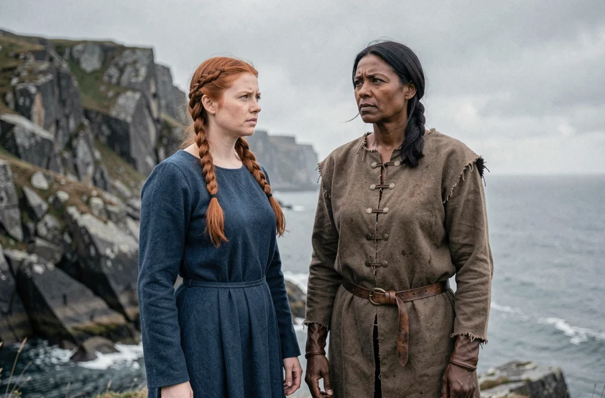 Deux femmes en costumes vikings contrastés sur un paysage côtier scandinave rocheux, fidélité historique comparée