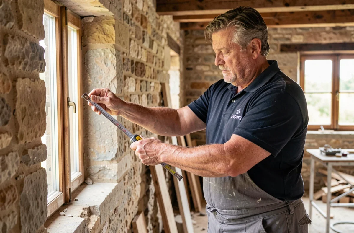 Spécialiste Dupays Renovation mesurant une ouverture de fenêtre dans une ferme en pierre