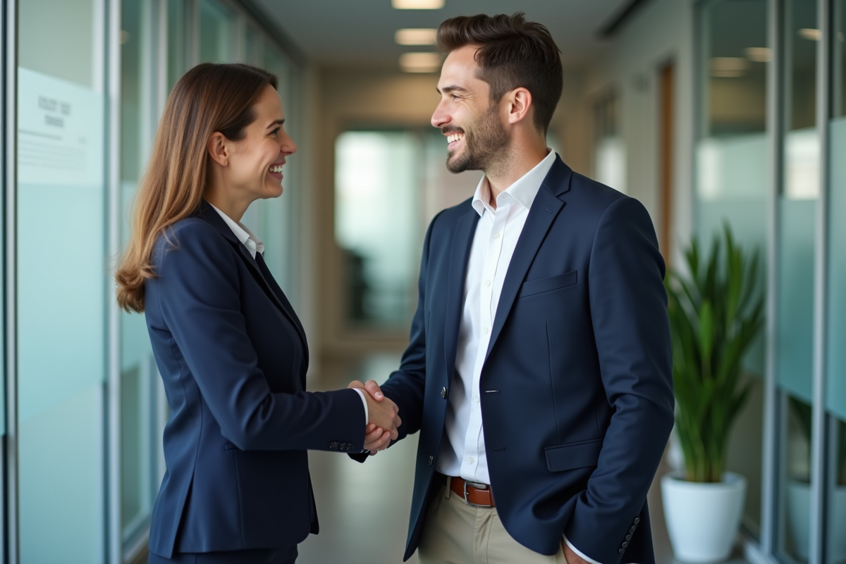 Manager saluant un jeune employé dans un couloir moderne