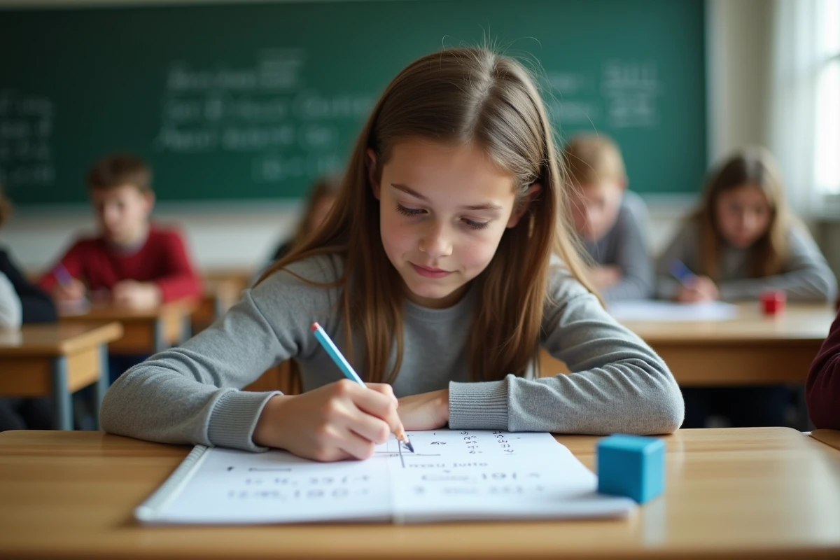 Élève résolvant un exercice de conversion mètre cube en litre sur une feuille de maths en classe