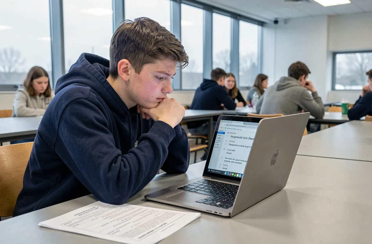 Adolescent concentré sur un exercice de grammaire française affiché sur un écran d'ordinateur portable dans une cafétéria scolaire