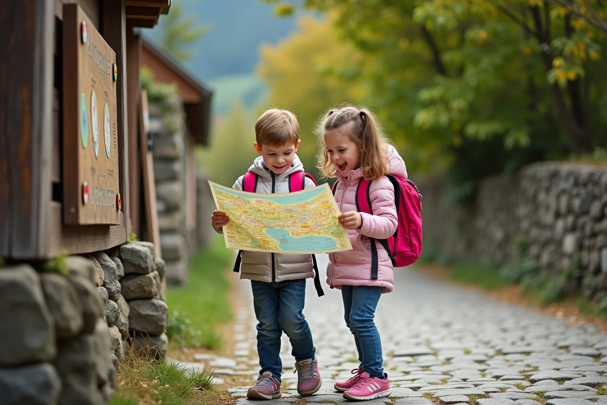 Enfants examinant une carte devant un site historique à Sarralbe