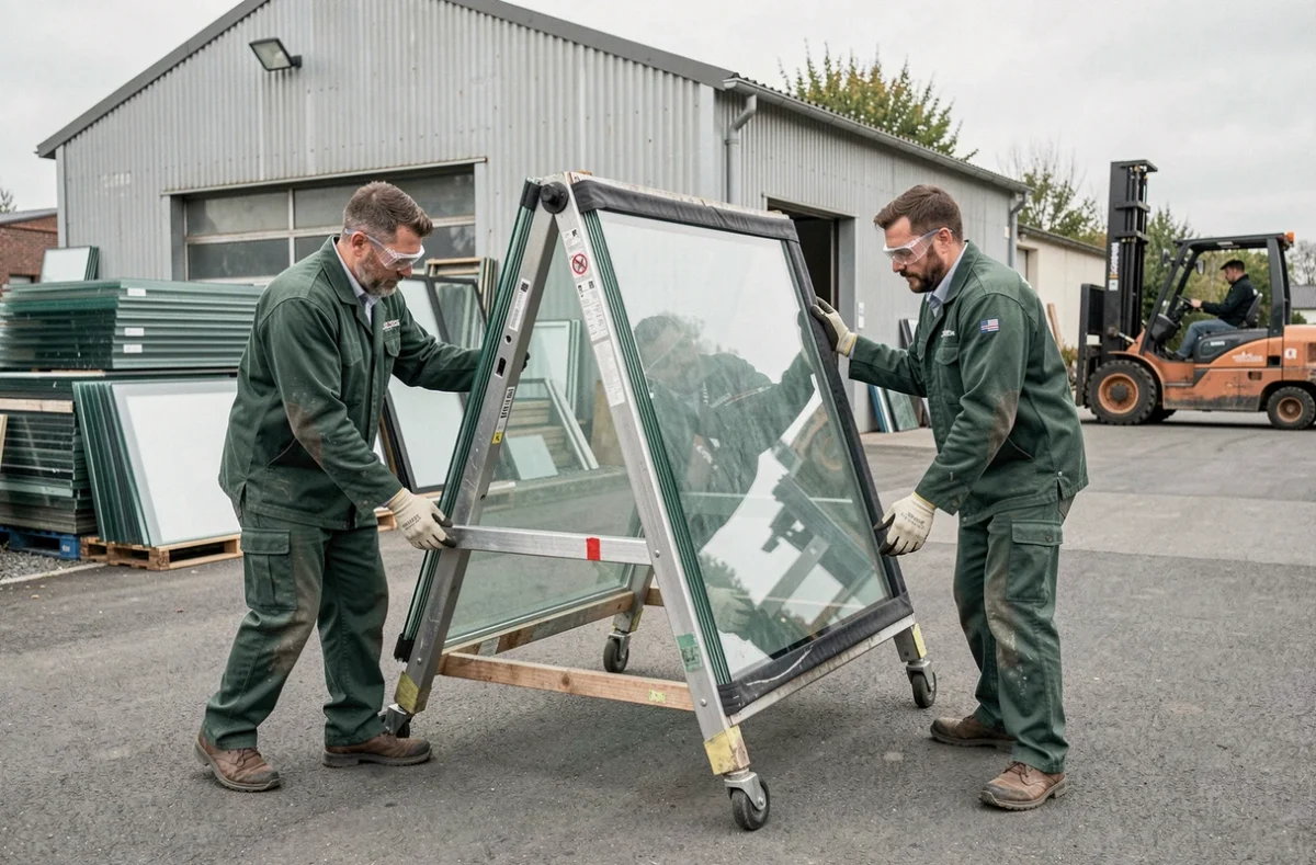 Équipe Entreprise Andre Reux transportant un rack de vitres dans la cour d'atelier
