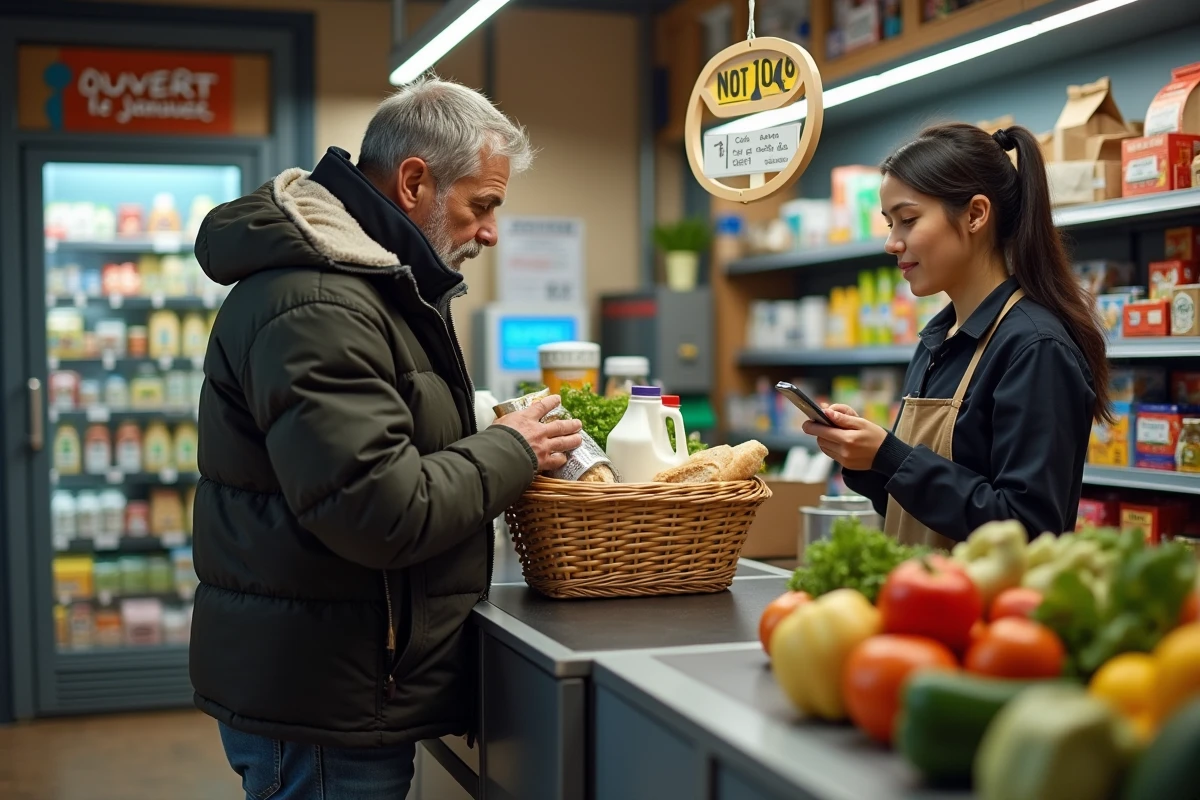 Homme en train de payer ses achats à la caisse d'une épicerie de proximité ouverte le jour du Nouvel An