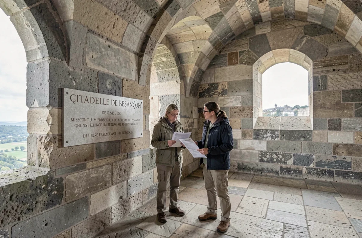 Participants à l'escape game patrimonial de la Citadelle de Besançon devant les murs en pierre historiques