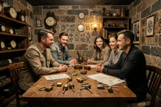 Groupe de joueurs dans une salle d'escape game du Doubs, entourés d'énigmes et d'accessoires mystérieux