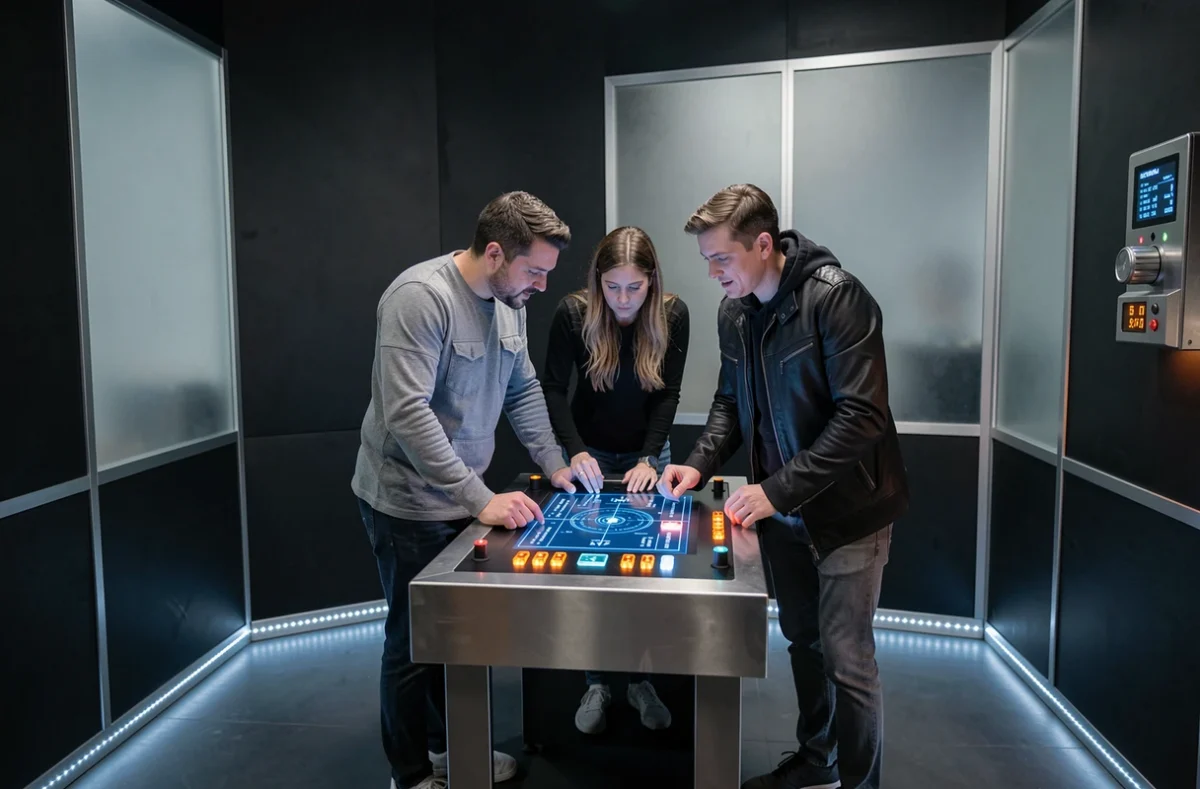 Joueurs face à un tableau d'énigmes high-tech dans les salles de l'escape game Eskap à Besançon