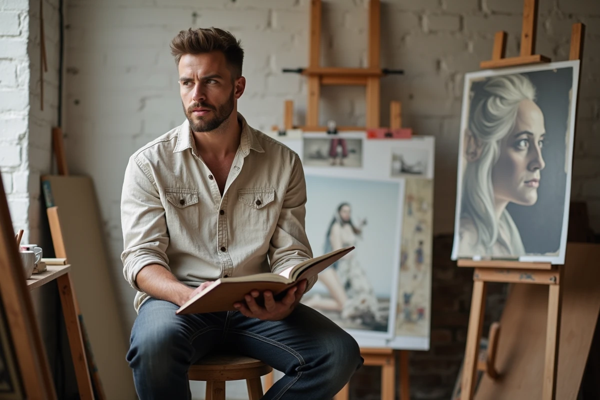 Étudiant en art analysant des reproductions de chefs-d'œuvre célèbres dans un atelier de peinture