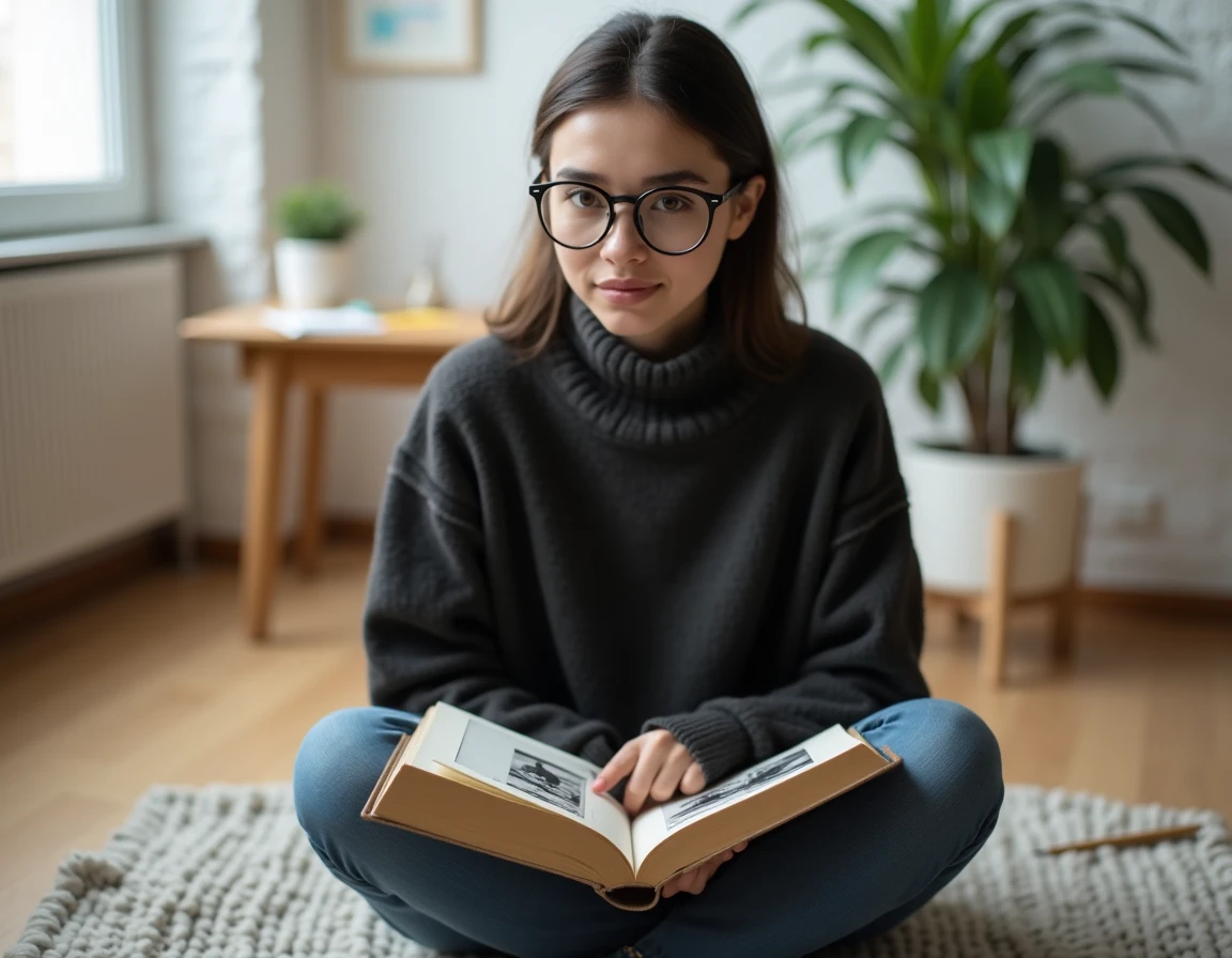 Jeune femme étudiant le surréalisme de Magritte et le concept de représentation dans un livre d'histoire de l'art ouvert sur ses genoux