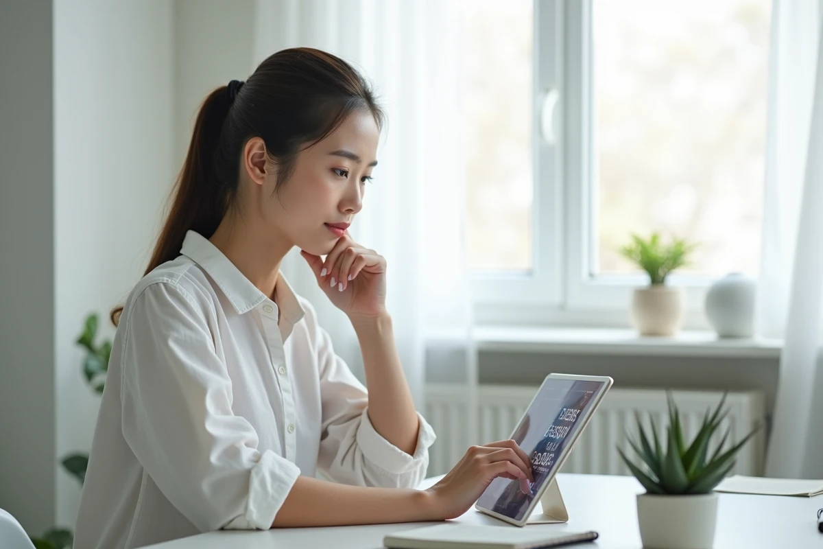 Femme évaluant une plateforme officielle de webtoon sur tablette dans un bureau à domicile minimaliste