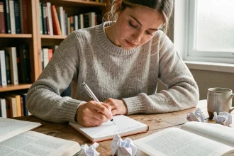 Jeune femme écrivant des exercices de grammaire française dans un cahier sur un bureau en bois entouré de livres scolaires