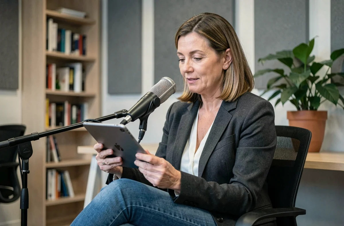 Femme experte enregistrant un podcast ou un cours en ligne dans un espace de coworking moderne pour valoriser son savoir-faire