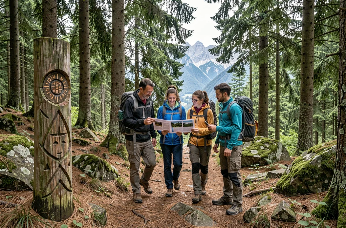 Famille participant à l'Explor Game en pleine forêt de conifères aux Fourgs dans le Doubs