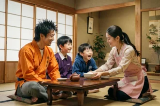 Famille japonaise réunie autour d'un repas traditionnel, évoquant les liens familiaux forts entre un père, sa femme et leurs deux fils