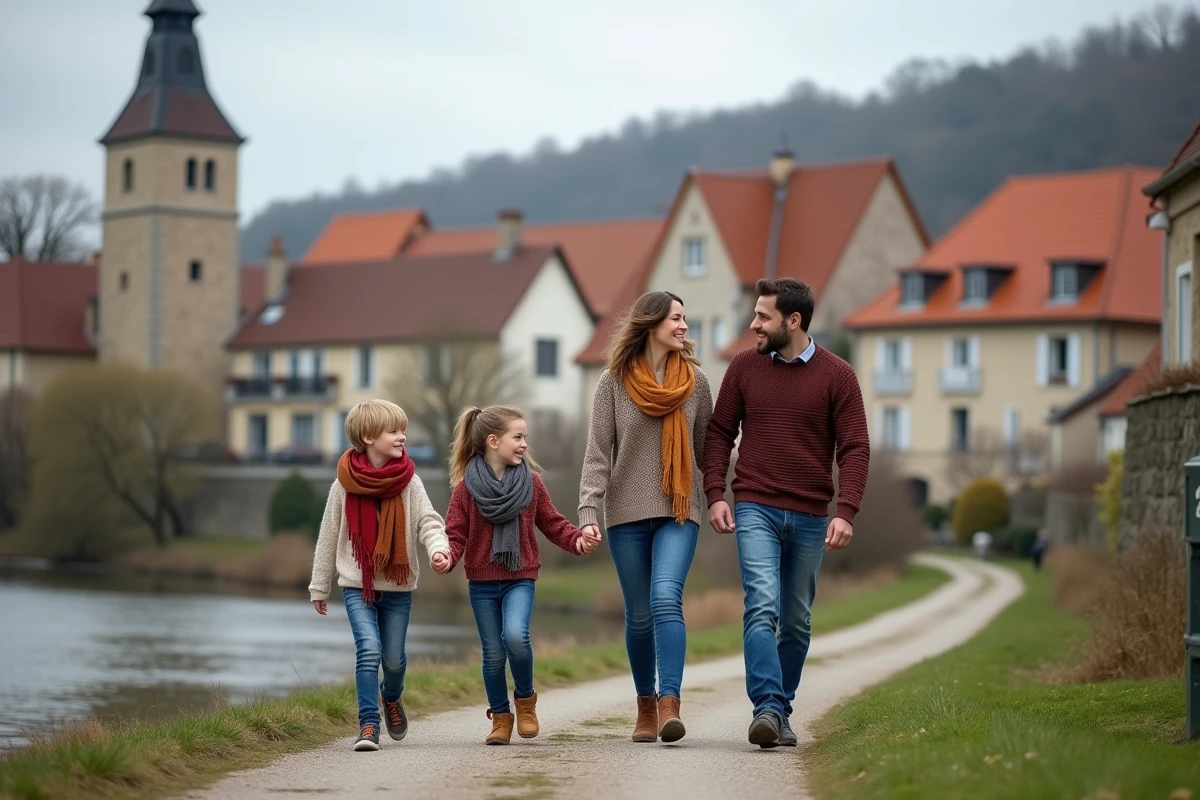 Famille française se promenant le long de la Saar à Sarralbe