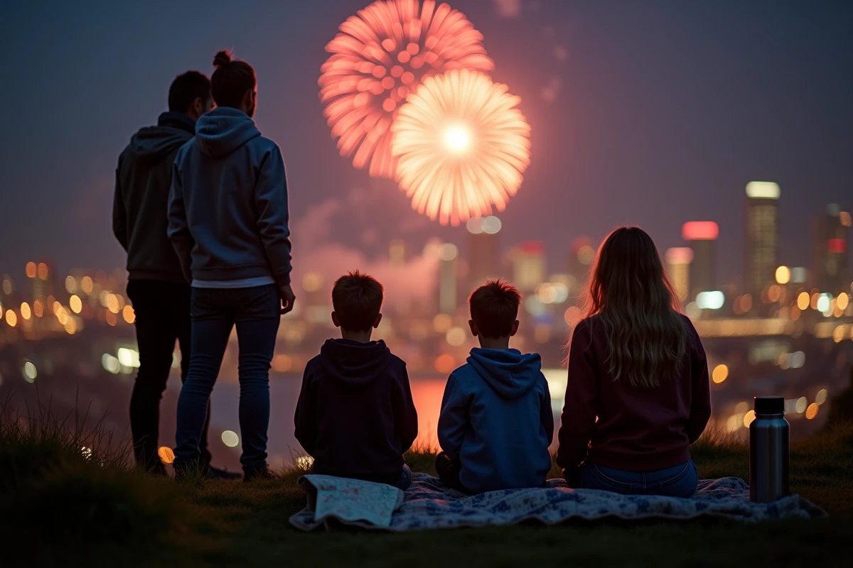 Famille regardant le feu d'artifice de Lille depuis un point de vue en hauteur avec la skyline de la ville en arrière-plan