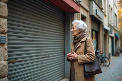 Femme âgée devant une banque fermée en France