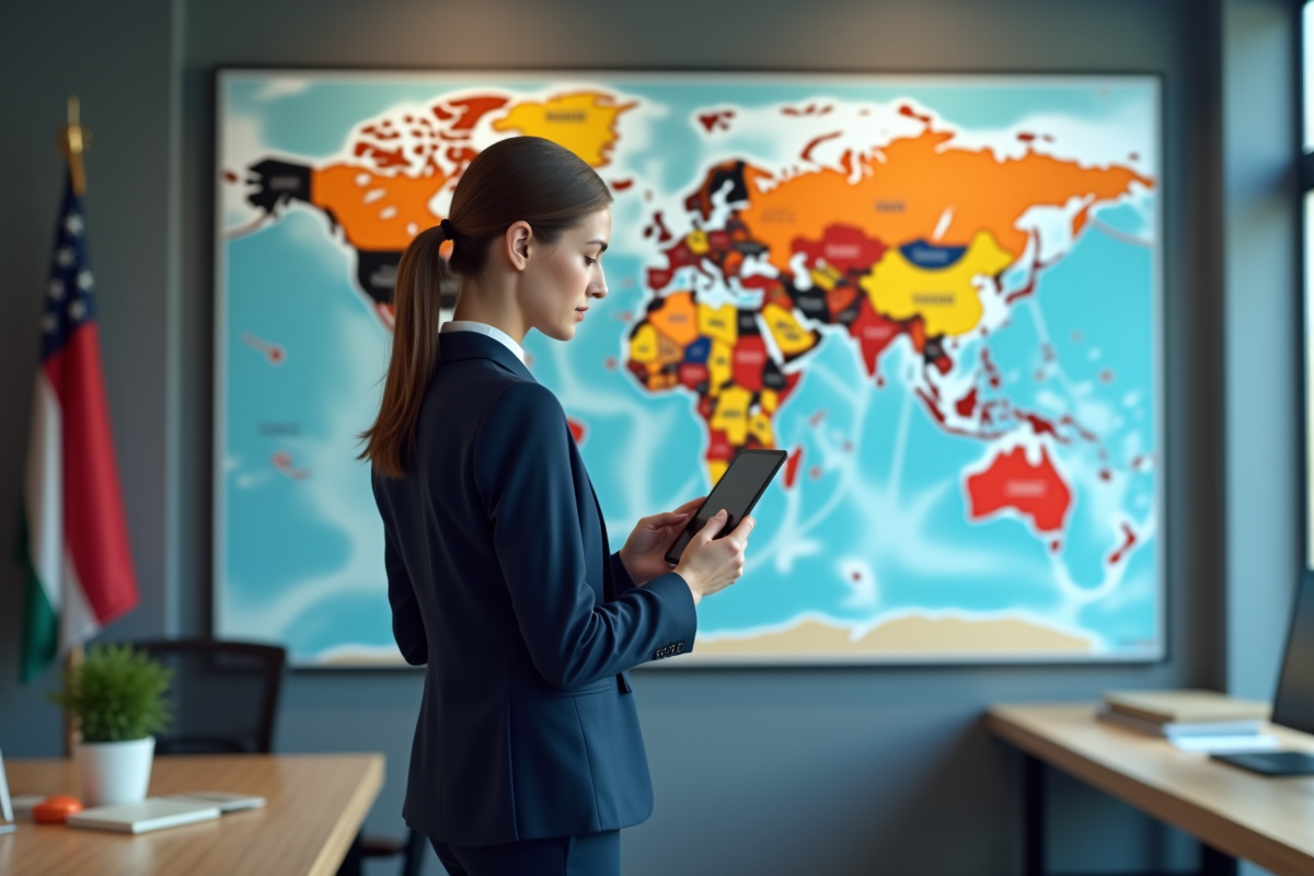 Jeune femme regardant une carte du monde dans un bureau moderne