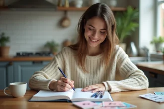 Jeune femme souriante étudie un manuel de grammaire française