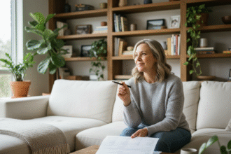 Femme souriante vérifiant un document d'assurance habitation