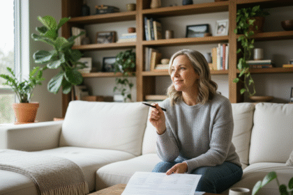 Femme souriante vérifiant un document d'assurance habitation