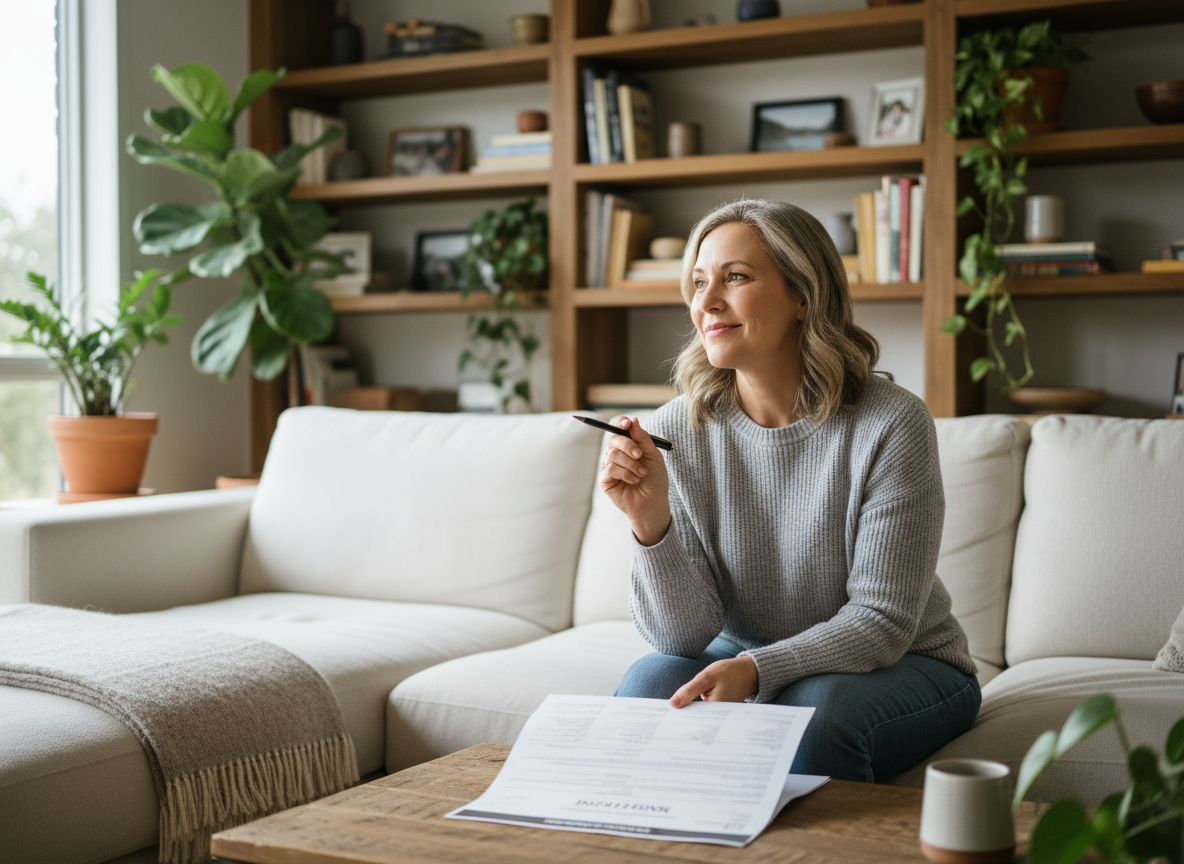 Femme souriante vérifiant un document d'assurance habitation
