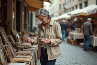 Femme chinant un vase en céramique vintage sur une braderie de quartier en plein air