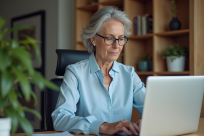 Femme d'âge moyen travaillant sur son ordinateur dans un bureau moderne