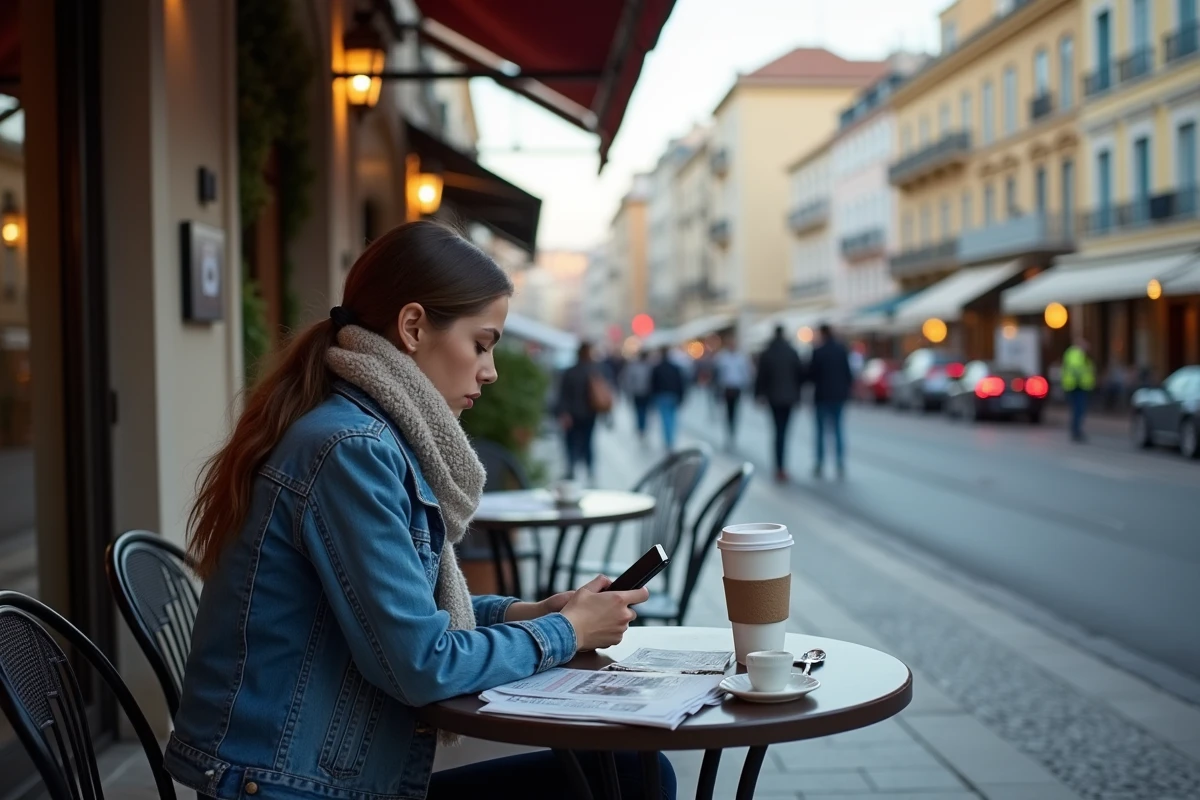 Jeune femme assise à un café à Cannes vérifiant son téléphone