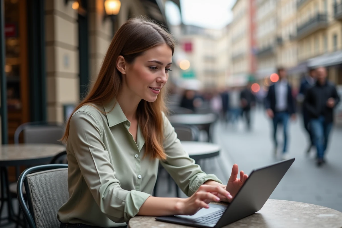Femme assise au café expliquant avec sa tablette