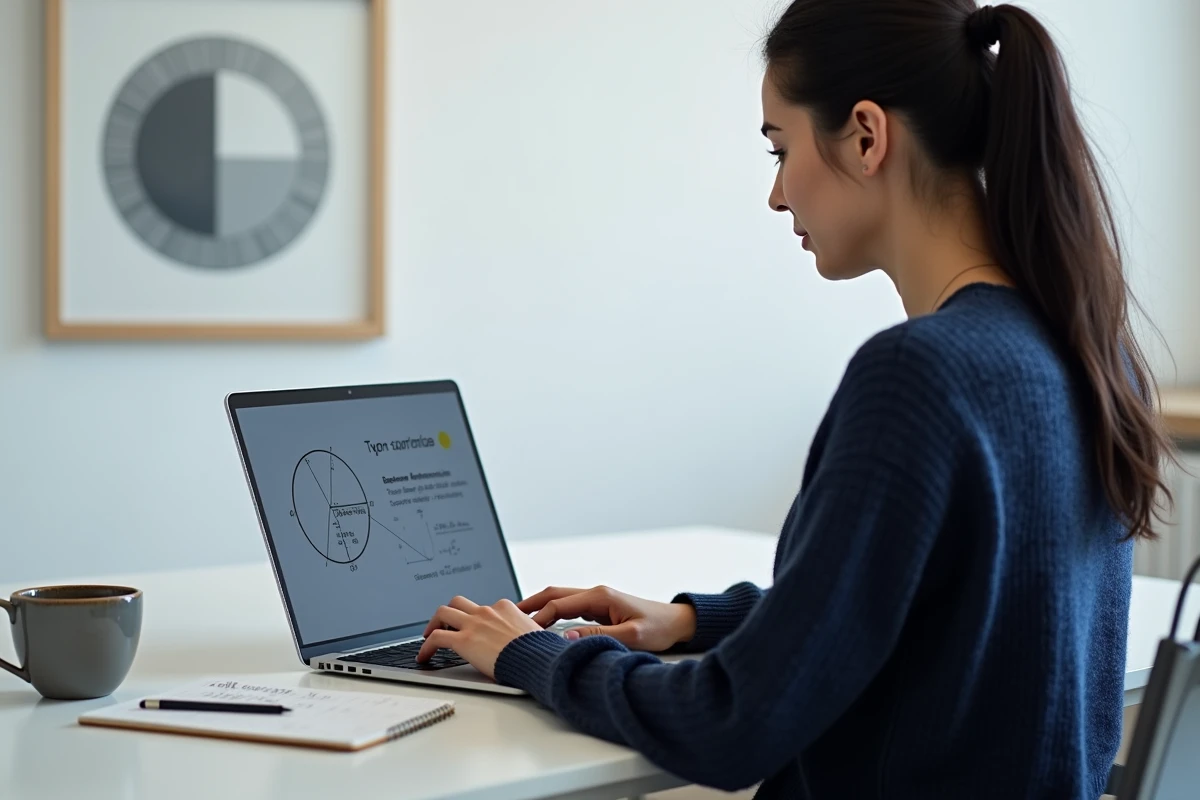 Femme calculant la surface d'un disque en mètres carrés sur un ordinateur portable dans un bureau minimaliste moderne