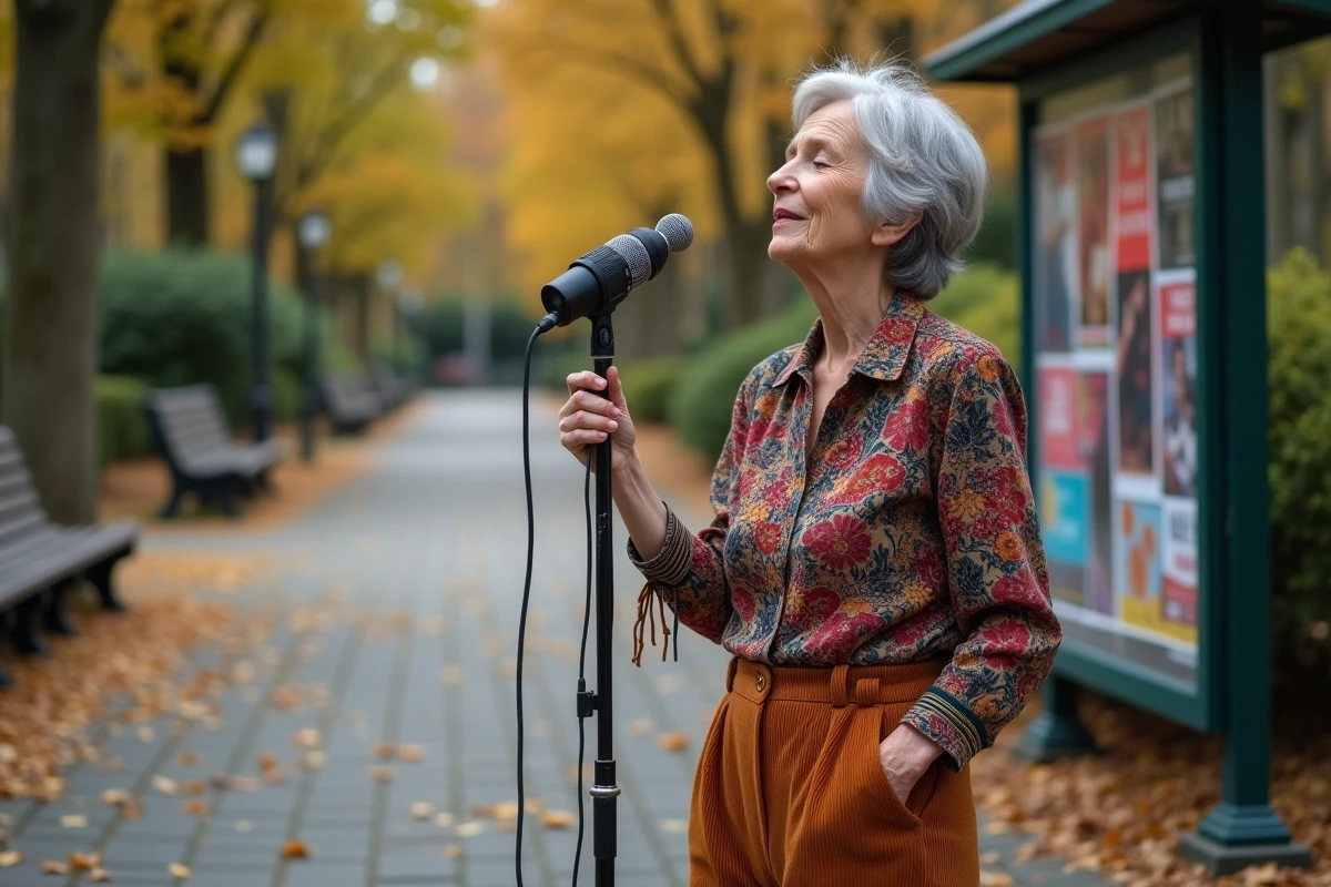 Femme âgée chantant dans un parc parisien automnal