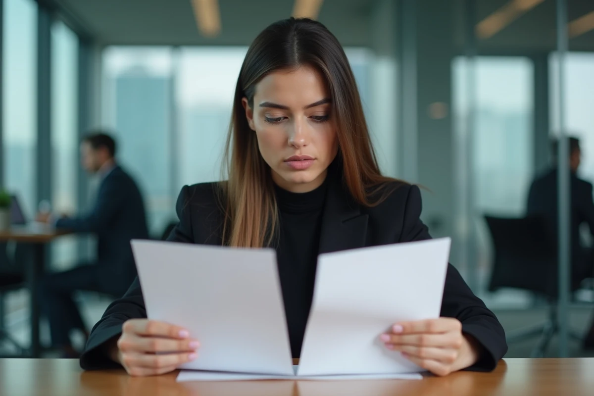 Jeune femme en bureau choisissant entre deux offres d emploi