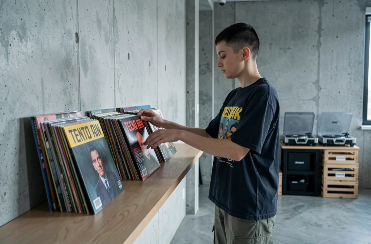 Femme organisant sa collection de vinyles techno sur une étagère dans un appartement urbain minimaliste