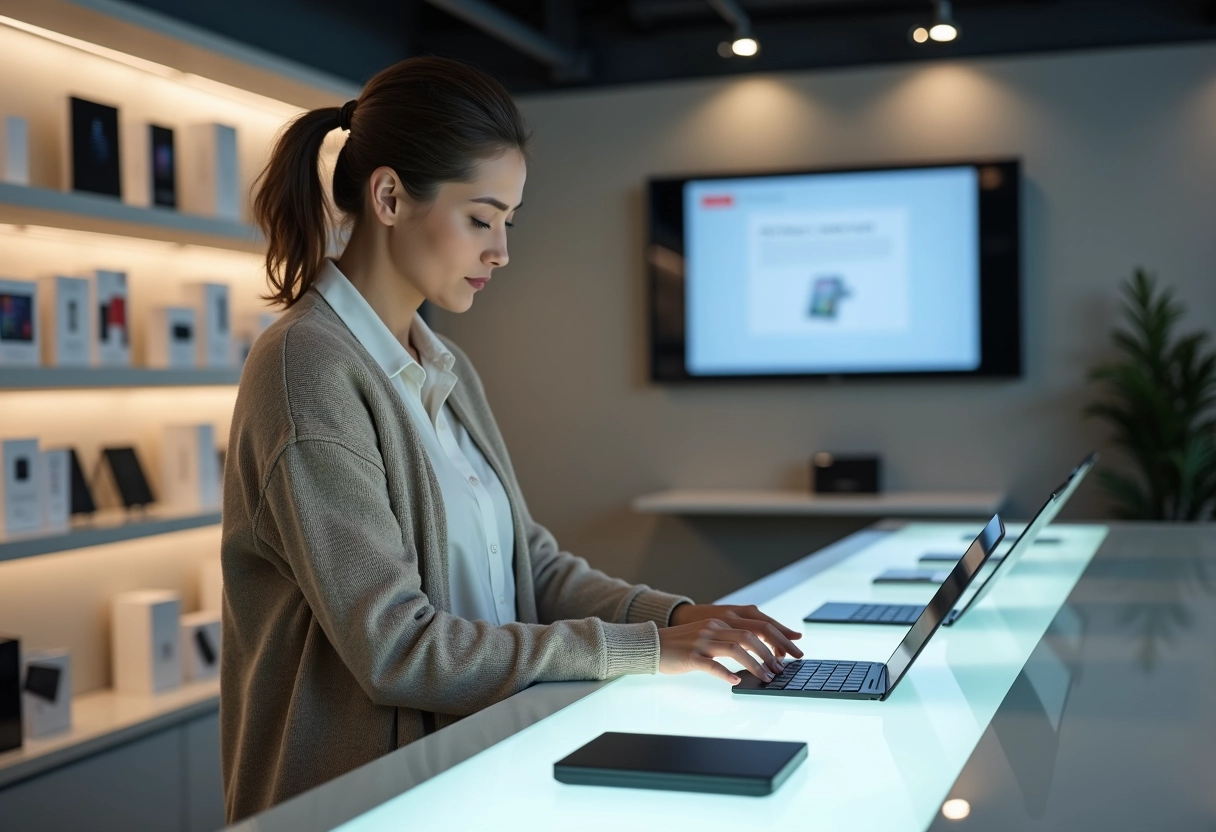 Femme compare des appareils de stockage dans un magasin d électronique
