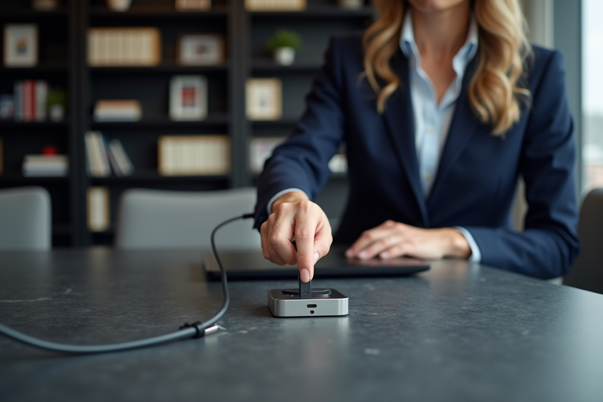 Femme branchant un câble sur un hub de connectivite dans une salle de réunion