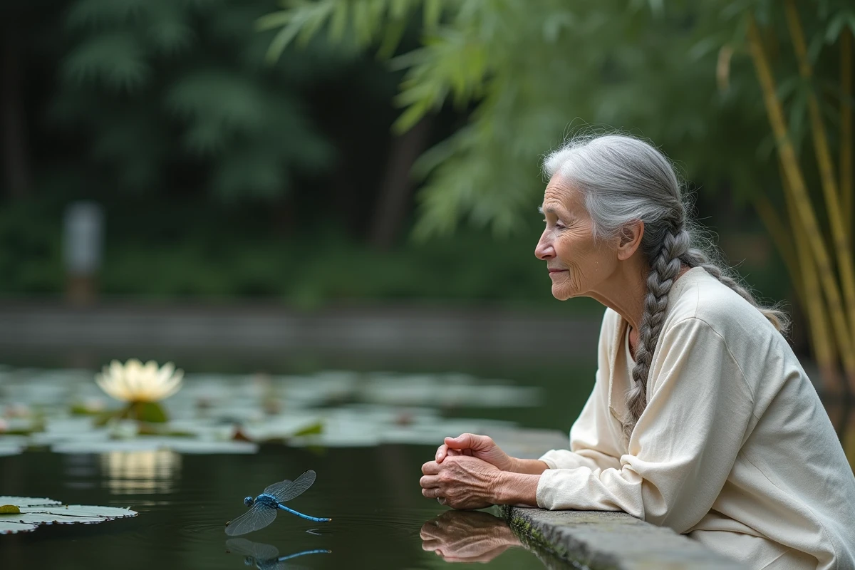 Femme âgée contemplant une libellule bleue au-dessus d'un bassin de jardin, évoquant la communion spirituelle avec l'au-delà