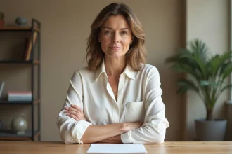 Femme déterminée assise à son bureau exprimant ses limites avec calme et assurance