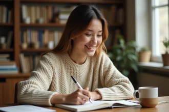 Femme concentrée écrivant dans un cahier à son bureau pour corriger une faute de grammaire courante en français