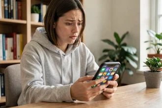 Jeune femme perplexe regardant des emojis différents selon les applications sur son smartphone