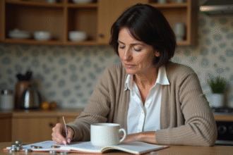 Femme d'âge moyen examine ses comptes d'épargne à la maison