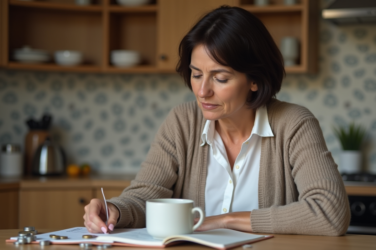 Femme d'âge moyen examine ses comptes d'épargne à la maison